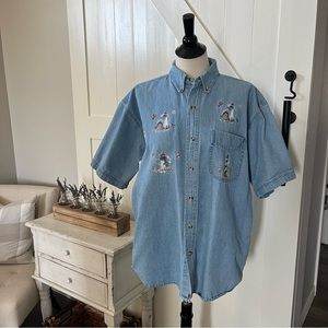 Coastal Grandma Denim Shirt Womens Size Large Blue Button Up Beach 100% Cotton
